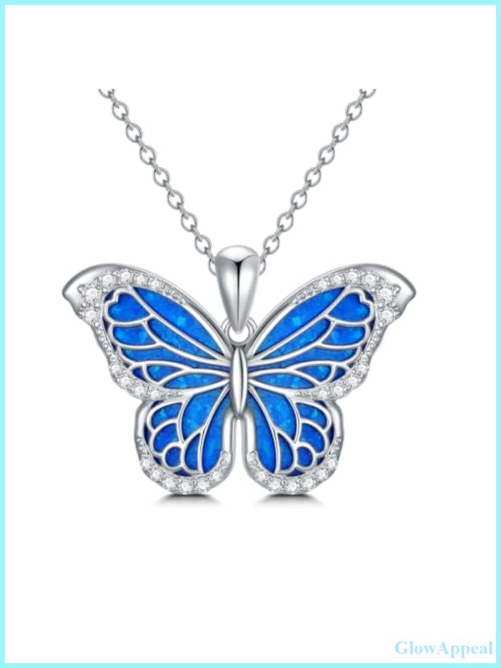 Sterling Silver Butterfly Pendant Necklace with Opal and Moissanite